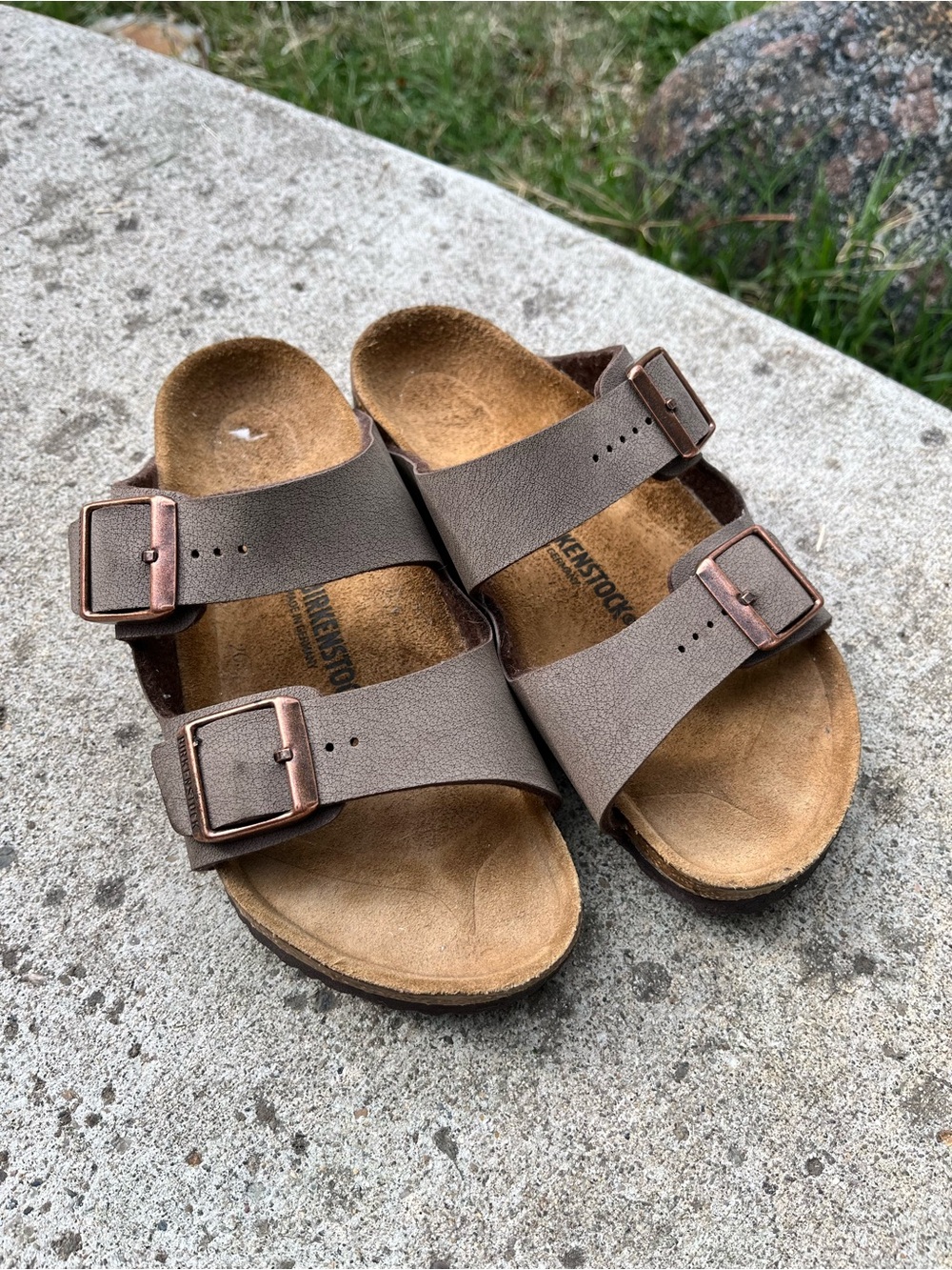 Birkenstock Kids Taupe Double Strap Sandals with Rose Copper Buckles